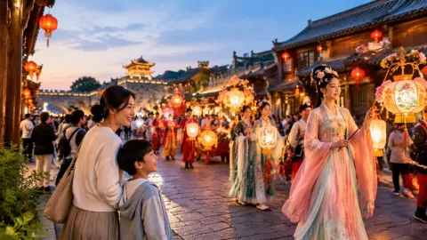 薛琴毅带孩子逛烟台芝罘老街，边走边看遇见中秋演出（城市印象）